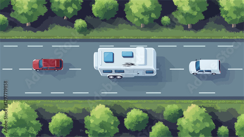 The image is a digitally created illustration depicting an overhead, bird's-eye view of a two-lane road cutting through a dense forest.  The road is gray asphalt with white lane markings. Three