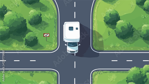 A digital illustration depicting a white motorhome navigating a crossroads from a bird's-eye perspective. The road is asphalt with white lane markings. Surrounding the intersection are patches of