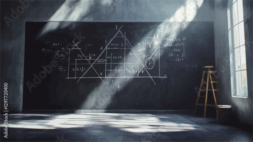 The image shows an interior shot of a large, empty classroom.  The walls are dark gray concrete, and a large chalkboard dominates one wall, filled with chalk-drawn mathematical equations and