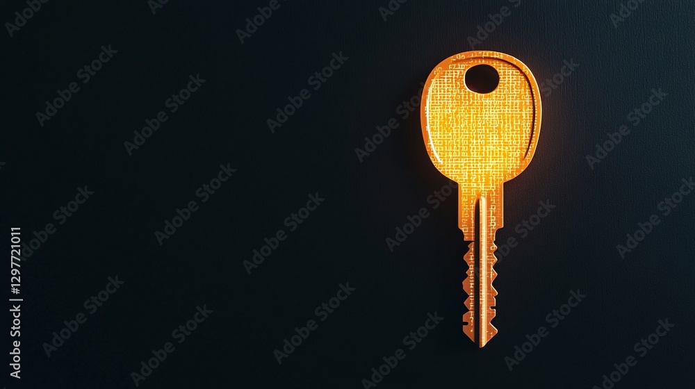 Cyber security crime attack concept. A close-up of a glowing orange key against a dark background, emphasizing its shape and texture.
