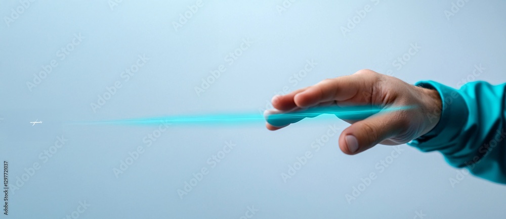 Cyber security crime attack concept. A hand extending a glowing teal ribbon against a soft blue background, conveying movement and fluidity.