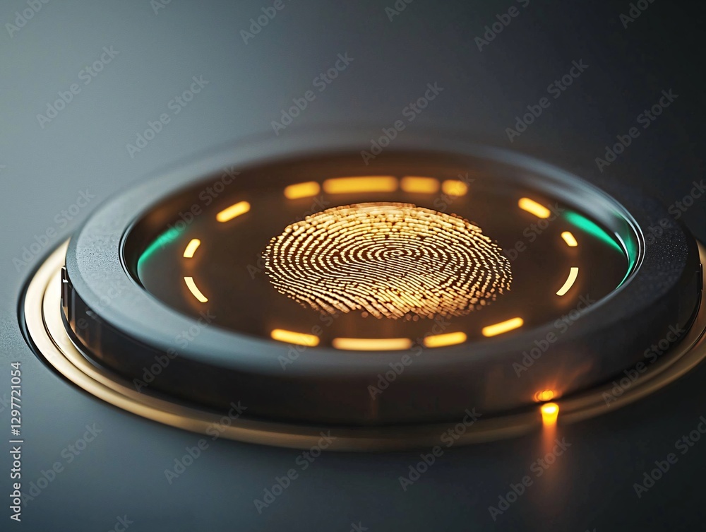 Cyber security crime attack concept. A glowing fingerprint scanner with intricate patterns, illuminated by soft lights, set against a sleek dark background.