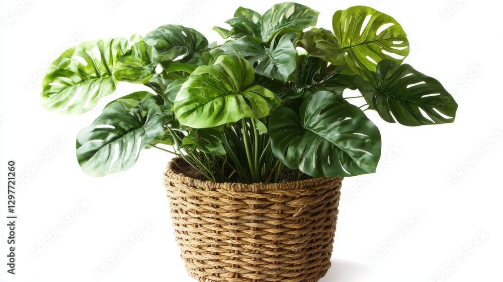 Naklejka premium 5.A thriving monstera plant in a rustic woven basket planter, its rich green leaves arching naturally, set against a clean, bright background for a fresh and airy composition.