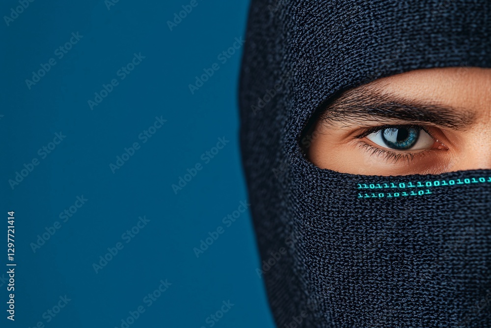 Cyber security crime attack concept. Close-up of a masked individual, highlighting one eye against a blue background, evoking mystery and intrigue.
