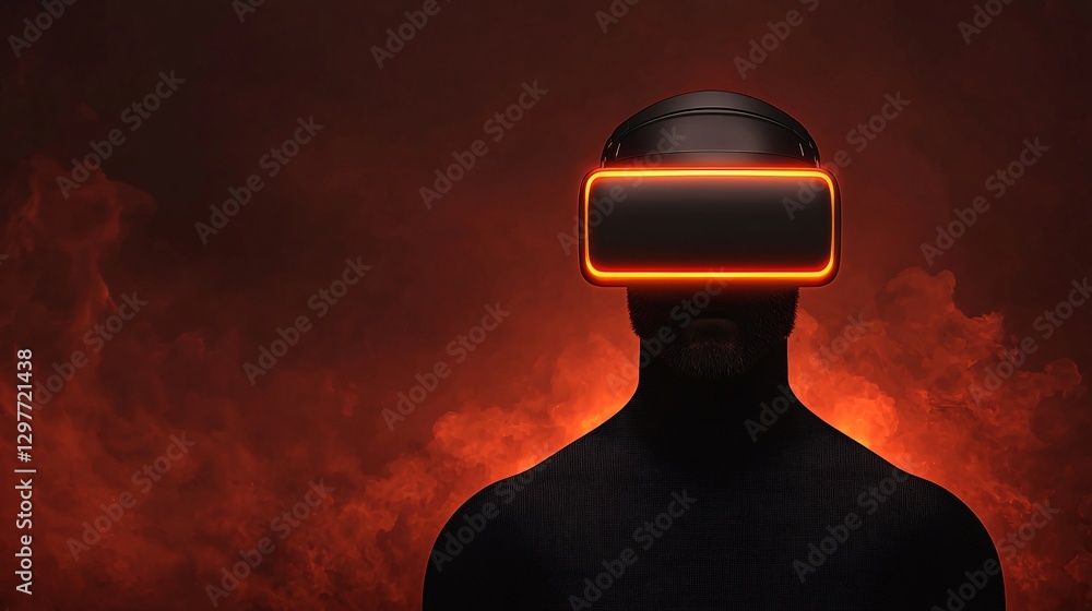 Cyber security crime attack concept. A silhouetted figure wearing a futuristic VR headset against a dramatic, glowing background.