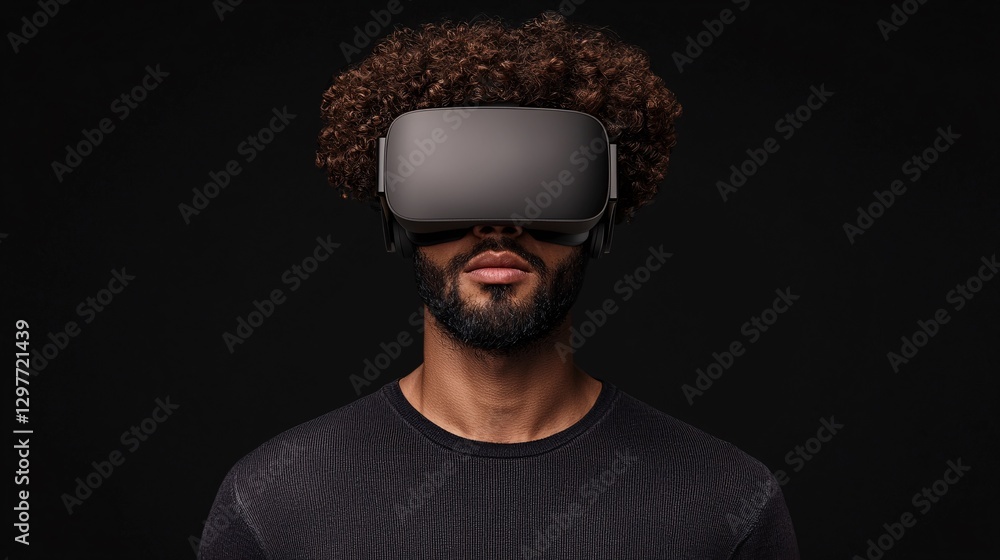 Cyber security crime attack concept. A person with curly hair wearing a virtual reality headset against a dark background, focusing on immersive technology experience.