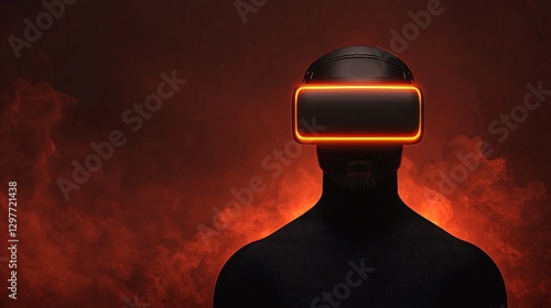 Obraz na płótnie Cyber security crime attack concept. A silhouetted figure wearing a futuristic VR headset against a dramatic, glowing background. w salonie