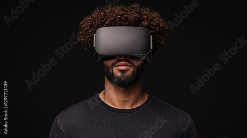 Obraz na płótnie Cyber security crime attack concept. A person with curly hair wearing a virtual reality headset against a dark background, focusing on immersive technology experience. w salonie