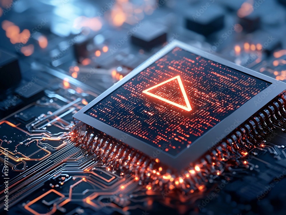 Cyber security crime attack concept. Close-up of a microchip with glowing circuitry and a triangular symbol, representing technology and digital innovation.
