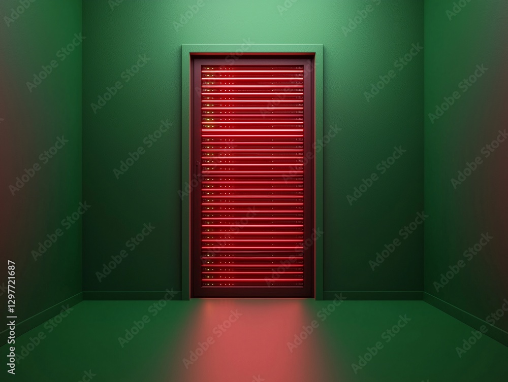 Cyber security crime attack concept. A vibrant green room features a striking red door, creating a bold contrast and an intriguing atmosphere.