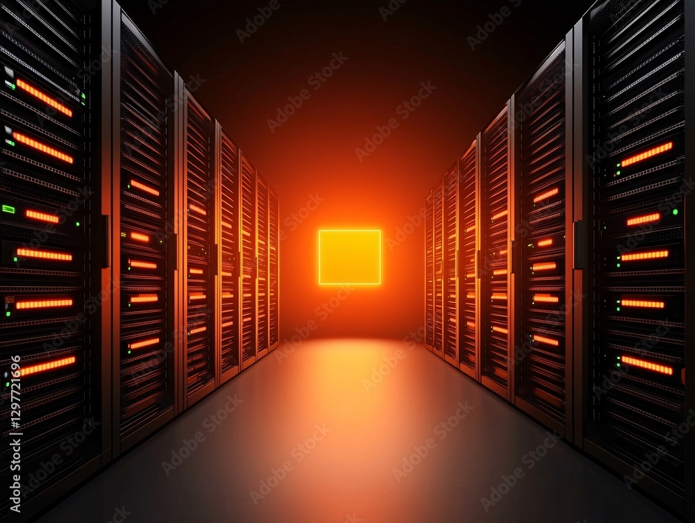 Cyber security crime attack concept. A dimly lit server room with rows of servers, illuminated by a bright orange glow at the end of the corridor.