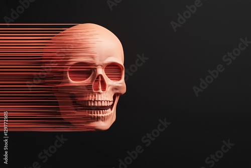Cyber security crime attack concept. A stylized skull appears to be in motion, with streaks of vibrant color suggesting speed against a dark background.
