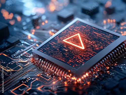 Obraz na płótnie Cyber security crime attack concept. Close-up of a microchip with glowing circuitry and a triangular symbol, representing technology and digital innovation. w salonie