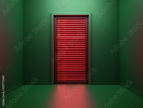 Obraz na płótnie Cyber security crime attack concept. A vibrant green room features a striking red door, creating a bold contrast and an intriguing atmosphere. w salonie