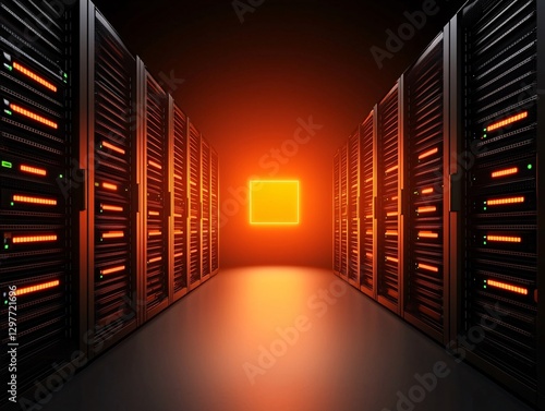 Obraz na płótnie Cyber security crime attack concept. A dimly lit server room with rows of servers, illuminated by a bright orange glow at the end of the corridor. w salonie