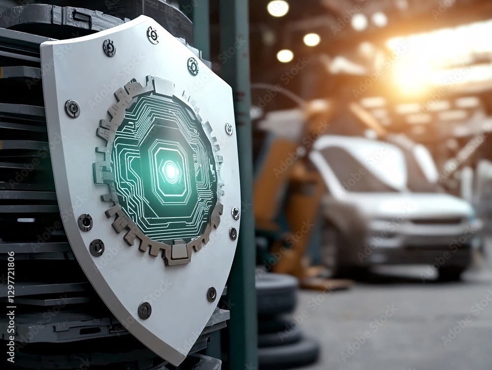 Cyber security crime attack concept. A futuristic shield with a glowing circuit pattern in a high-tech setting featuring robotic elements and vehicles in the background.