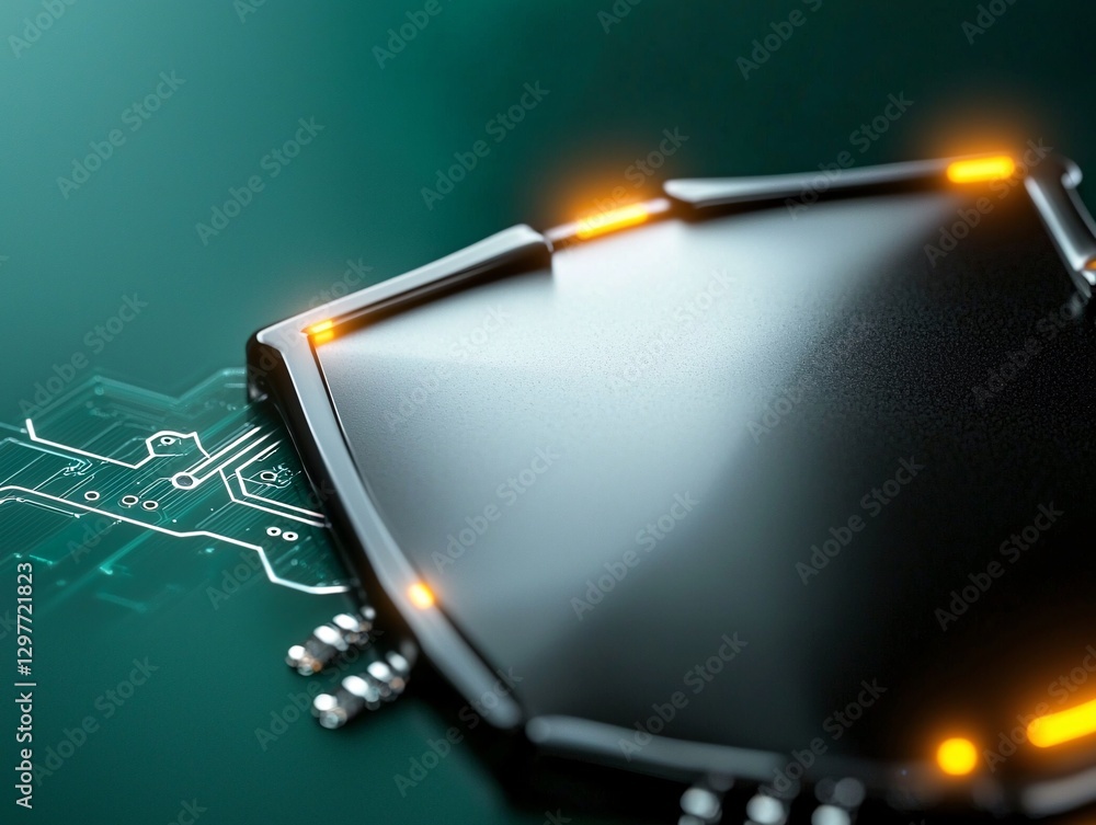 Cyber security crime attack concept. A close-up of a sleek, modern shield icon with glowing edges, set against a dark green circuit background, symbolizing digital security.