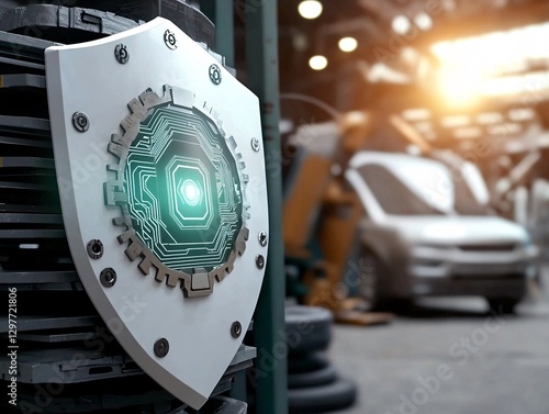 Obraz na płótnie Cyber security crime attack concept. A futuristic shield with a glowing circuit pattern in a high-tech setting featuring robotic elements and vehicles in the background. w salonie