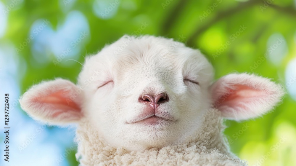 Sleeping lamb, spring pasture, peaceful scene, nature card Sleeping lamb, spring pasture, peaceful scene, nature card