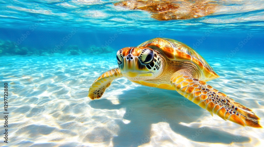 Fototapeta premium Graceful Sea Turtle Swimming in Clear Tropical Water Under Sunlight