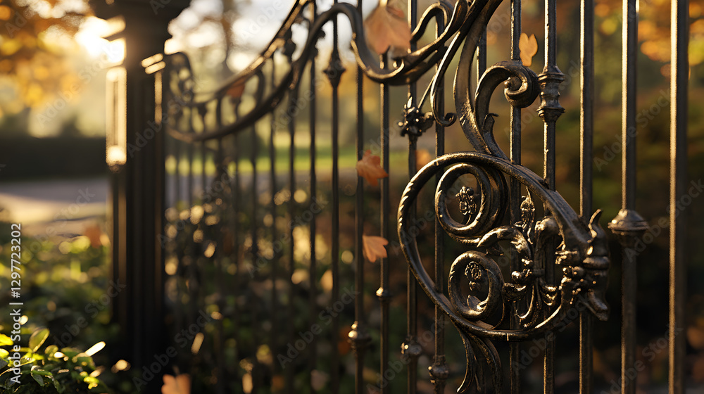 of a detailed wrought iron gate with decorative motifs, leading into a beautiful historical garden or estate of a detailed wrought iron gate with decorative motifs, leading into a beautiful historical garden or estate