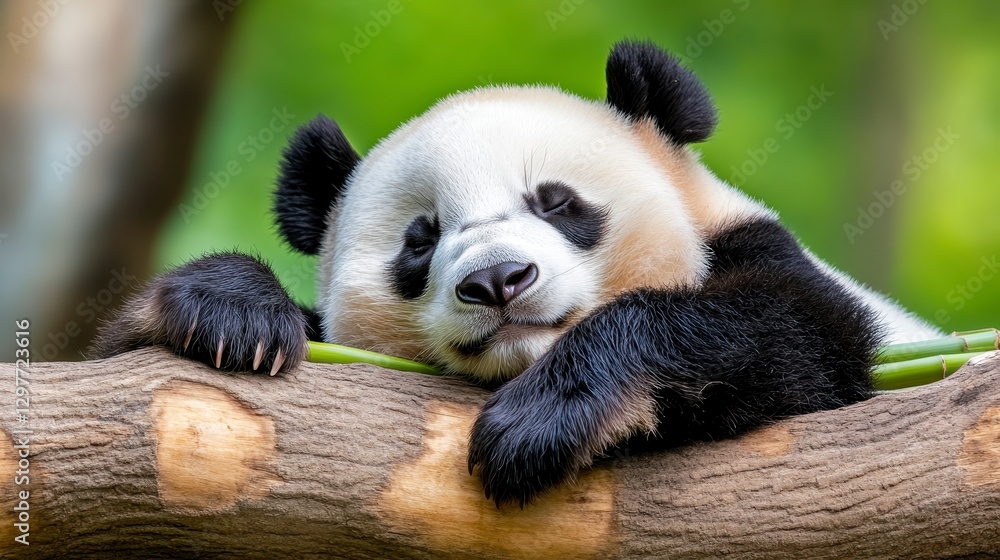 Obraz premium Adorable Giant Panda Resting on a Tree Branch in Natural Habitat
