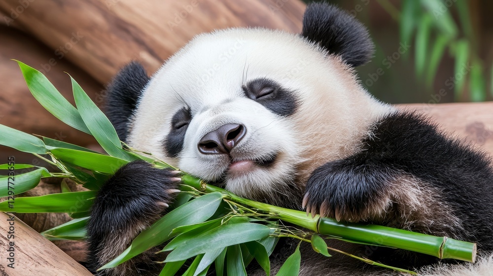 Fototapeta premium Cute Panda Sleeping Peacefully While Holding Bamboo Stick