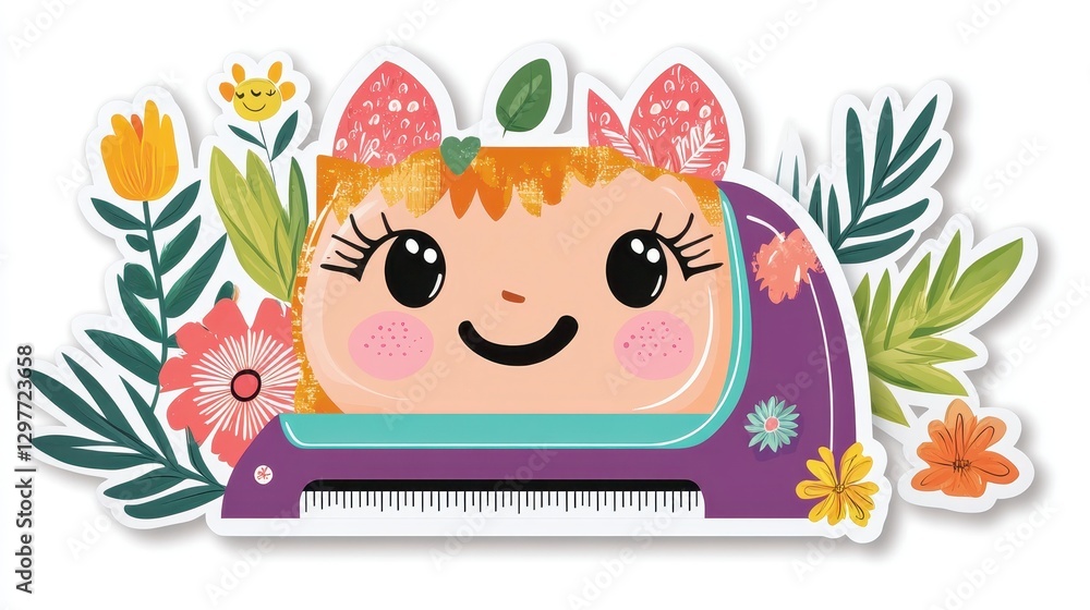 Fototapeta premium Cheerful Cartoon Girl with Typewriter Surrounded by Colorful Flowers