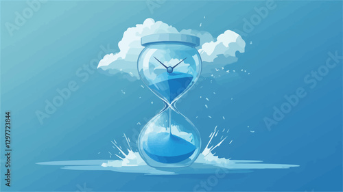 A digital illustration depicting a stylized hourglass filled with blue liquid, resembling water.  The top bulb of the hourglass is partially obscured by stylized white clouds, from which water