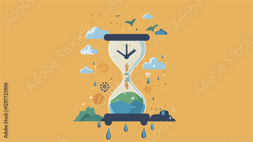 A vector illustration depicting an hourglass with the Earth inside.  The top of the hourglass shows a downward arrow, symbolizing the depletion of resources. Various environmental elements such as
