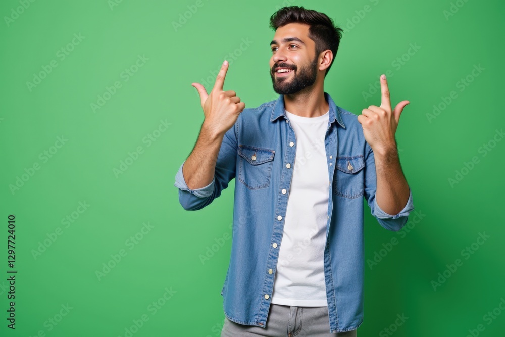 Cheerful young Middle-Eastern man in casual attire gestures excitedly against a vibrant green background, showcasing enthusiasm and positivity in a playful pose. Cheerful young Middle-Eastern man in casual attire gestures excitedly against a vibrant green background, showcasing enthusiasm and positivity in a playful pose.