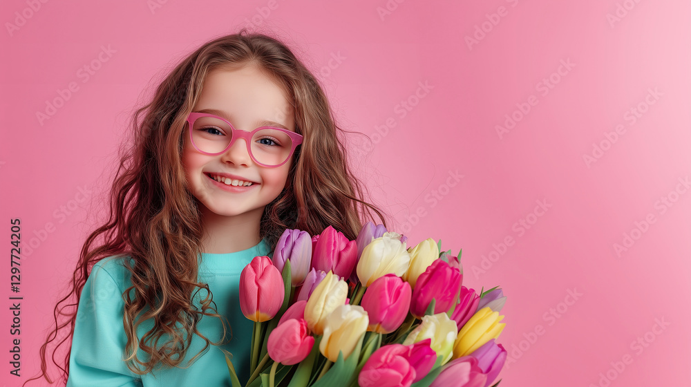Portrait of cheerful smiling girl in glasses holding bouquet of colorful tulips posing on pink background with copy space. Beautiful bouquet from daughter in mother's day. Spring mood and vibe. Portrait of cheerful smiling girl in glasses holding bouquet of colorful tulips posing on pink background with copy space. Beautiful bouquet from daughter in mother's day. Spring mood and vibe.
