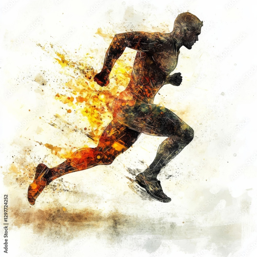 Naklejka premium Dynamic Runner: Abstract Watercolor Image of a Man in Motion with Fire and Energy Effects Against a White Background.