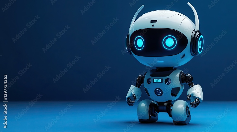 Minimalist AI call center robot providing tech support on a blue background, symbolizing customer service, AI, automation, technology, and modern business solutions Minimalist AI call center robot providing tech support on a blue background, symbolizing customer service, AI, automation, technology, and modern business solutions