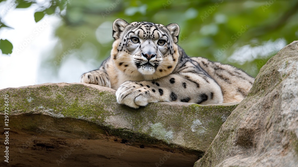 Majestic Snow Leopard Relaxing on Rocky Surface Under Green Foliage Majestic Snow Leopard Relaxing on Rocky Surface Under Green Foliage
