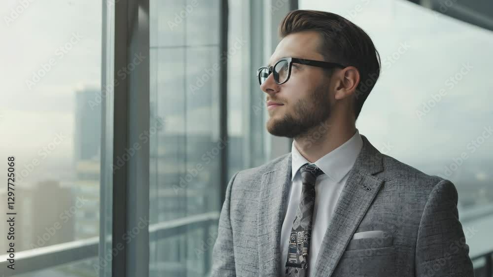 Thoughtful man in suit gazes out office window, overlooking city skyline. Thoughtful man in suit gazes out office window, overlooking city skyline.