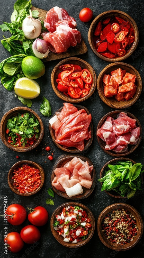 Culinary composition featuring fresh meat cuts herbs and spices in wooden bowls on dark slate background perfect for cooking enthusiasts Culinary composition featuring fresh meat cuts herbs and spices in wooden bowls on dark slate background perfect for cooking enthusiasts