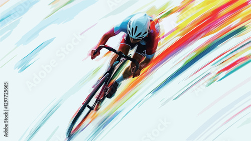 The image is a stylized depiction of a cyclist in motion. The cyclist is centrally positioned, wearing a helmet and cycling attire. The background is composed of vibrant, multicolored streaks