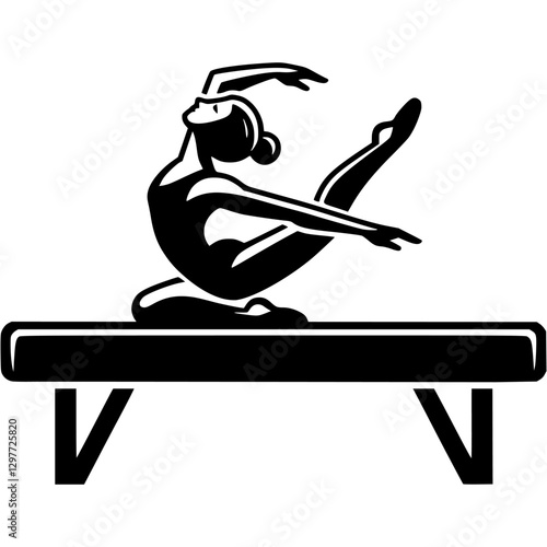 Sport emblem of girl gymnast performs graceful stretching exercises on balance beam in monochrome. Engraving minimalistic vector in black ink drawing on transparent background