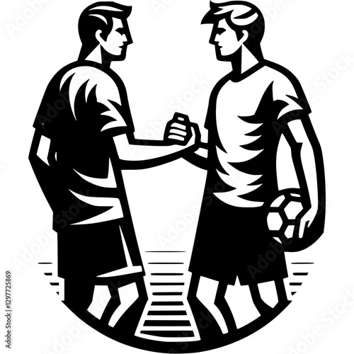 Tattoo emblem of beach soccer team captains shake hands before start of tournament in monochrome. Engraving minimalistic vector in black ink drawing on transparent background
