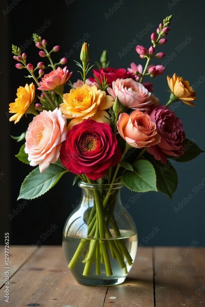 Fototapeta premium Elegant arrangement of preserved flowers in a glass vase on a rustic wooden table, decoration, bouquet, decor