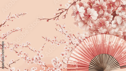 The image presents a flat lay composition featuring delicate pink and peach-colored cherry blossoms and a coral-colored hand fan. The blossoms are arranged asymmetrically against a pale peach