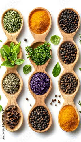 Colorful spices in wooden spoons