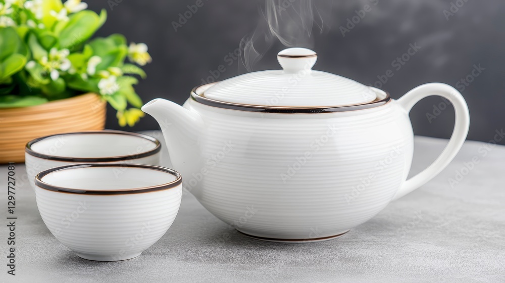 Elegant White Teapot and Cups with Steaming Tea on Gray Surface Elegant White Teapot and Cups with Steaming Tea on Gray Surface