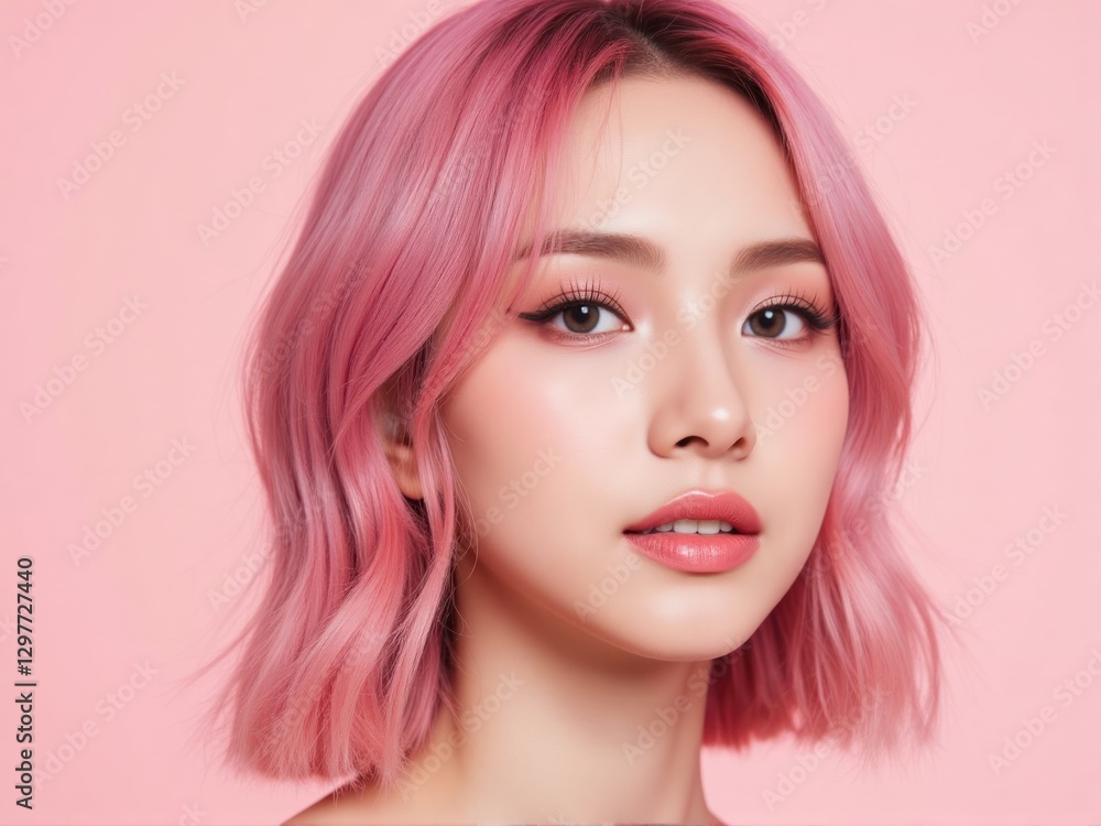 close-up of a model's face with medium wavy pink-dyed hair, creative makeup, and glossy lips, showcasing a seductive expression against a soft pink backdrop. close-up of a model's face with medium wavy pink-dyed hair, creative makeup, and glossy lips, showcasing a seductive expression against a soft pink backdrop.