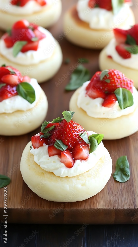 Mini pancakes with cream and strawberry on wood Mini pancakes with cream and strawberry on wood