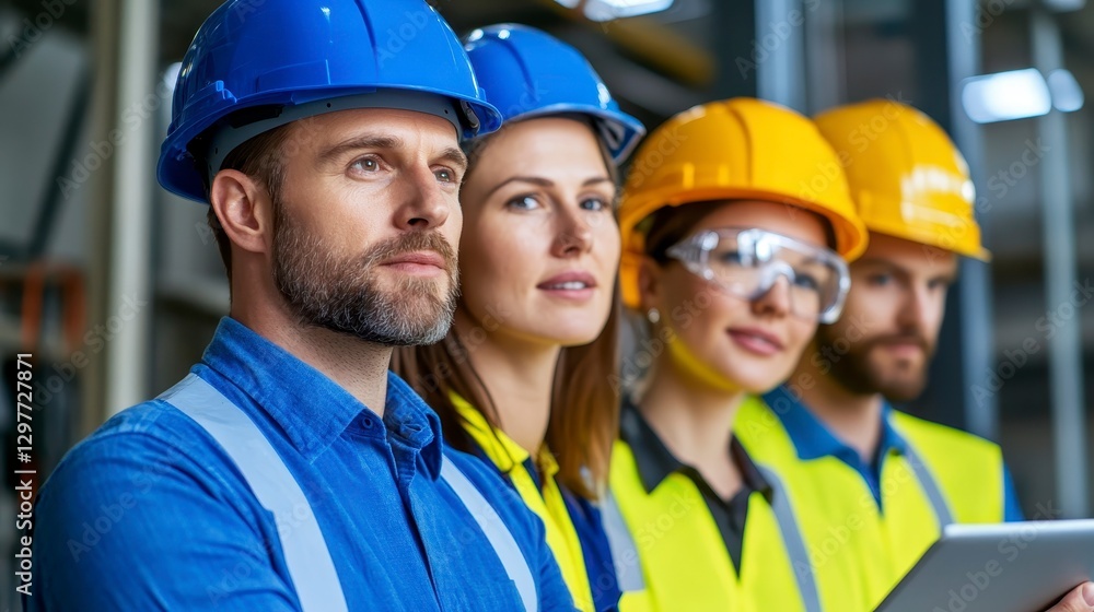 Professional Construction Team in Safety Gear at Building Site Professional Construction Team in Safety Gear at Building Site