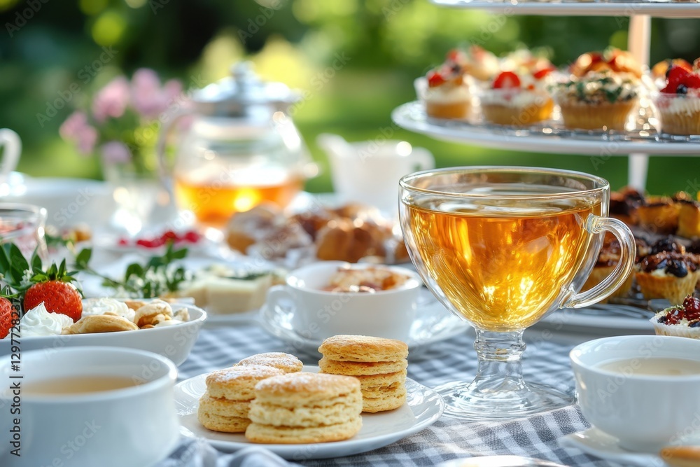 Elegant outdoor tea party with scones and cupcakes on a sunny day in the garden creating a serene and delicious atmosphere for a delightful gathering Elegant outdoor tea party with scones and cupcakes on a sunny day in the garden creating a serene and delicious atmosphere for a delightful gathering