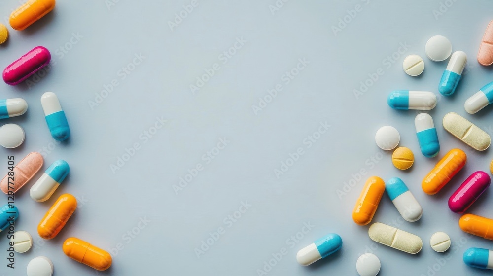 Colorful Pills and Capsules Scattered on a Light Blue Surface Colorful Pills and Capsules Scattered on a Light Blue Surface