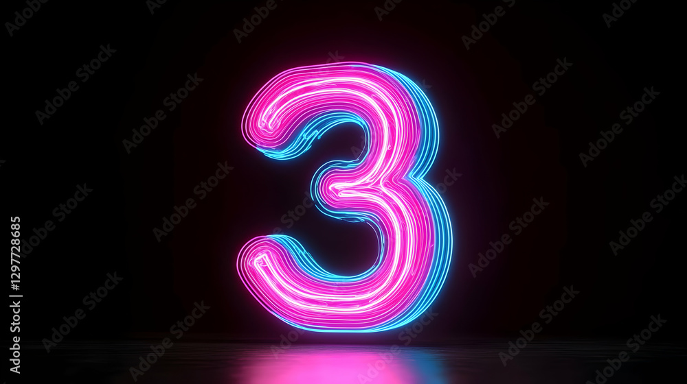 Glowing Neon Number Three against Dark Background with Blue and Pink Illumination Glowing Neon Number Three against Dark Background with Blue and Pink Illumination